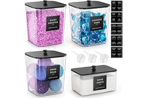 Moforoco 4 Pack Laundry Pods Container, Clear Laundry Room Organization Containers,Large Detergent Powder Storage Containers Black Wooden Lids & Labels, Acrylic Pods Holder for Scent Booster