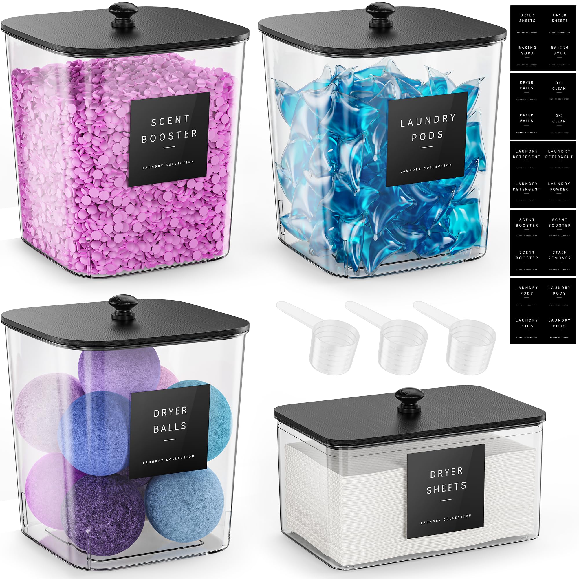 Photo 1 of 4 Pack Laundry Pods Container, Clear Laundry Room Organization Containers,Large Laundry Detergent Powder Storage Containers Black Wooden Lids & Labels, Acrylic Laundry Pods Holder for Scent Booster