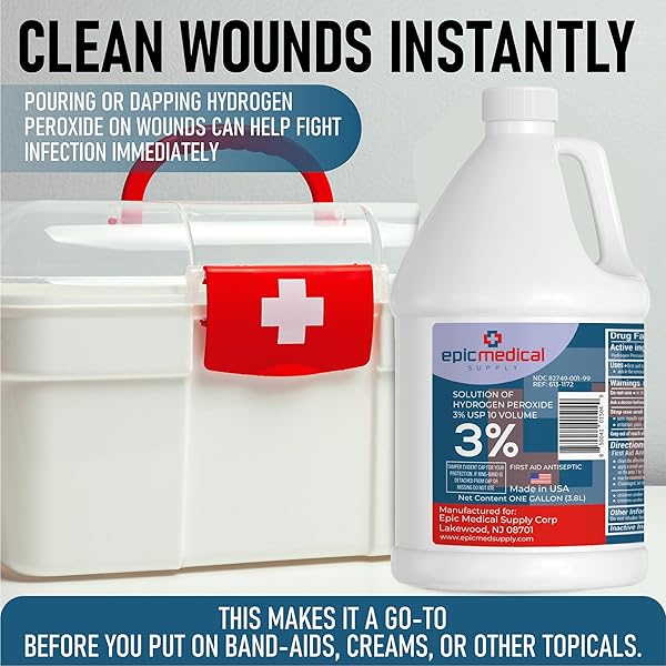 EPIC MEDICAL SUPPLY 3% HYDROGEN PEROXIDE – FIRST AID ANTISEPTIC & MULTIPURPOSE CLEANER – TOPICAL WASH FOR CUTS, SCRAPES AND MINOR CUTS – H2O2 HYDROGEN PEROXIDE 3 PERCENT USP SOLUTION (1 GALLON)