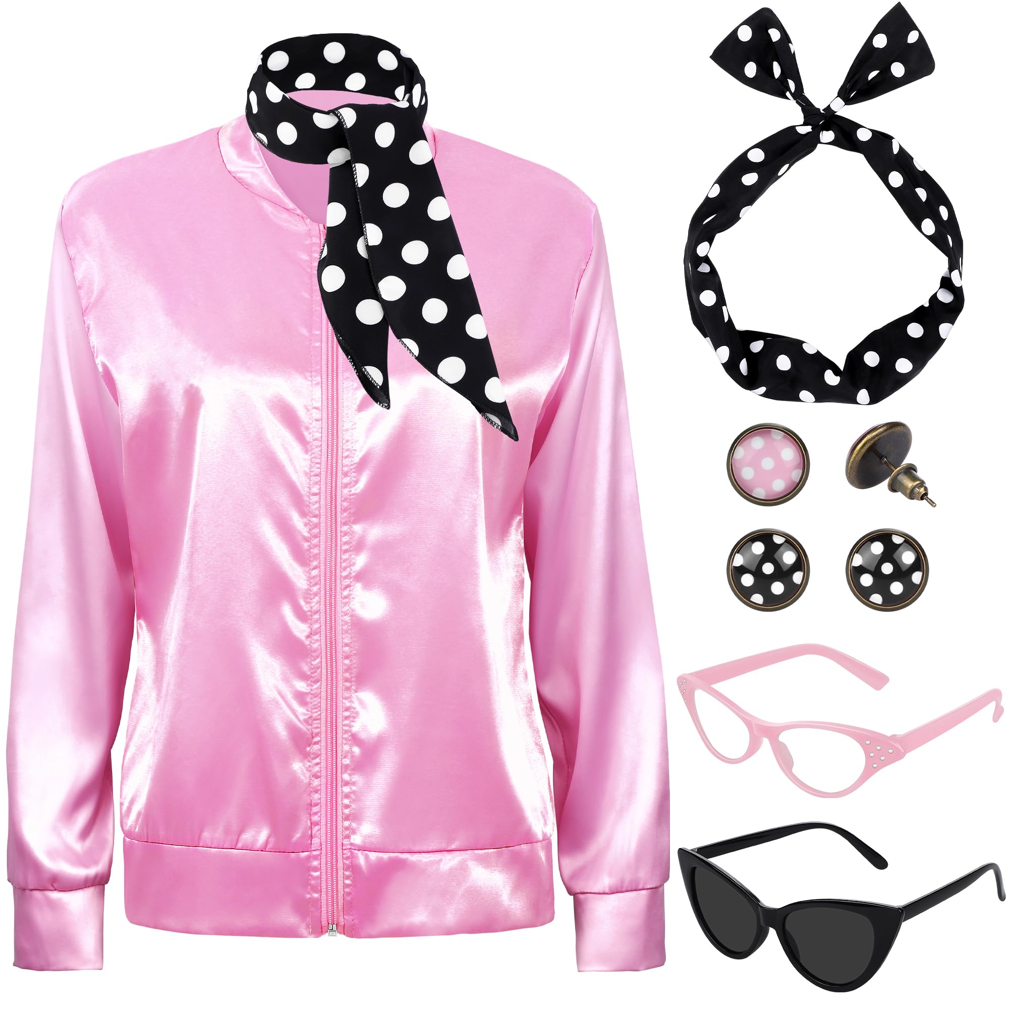 Photo 1 of SOMSOC 1950s Pink Satin Jacket with Neck Scarf Headband Earrings Cat Eye Glasses Halloween Cosplay Costume Set for Women Girl