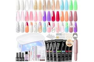 PEACECOLOR Poly Nail Gel Kit with Drill U V Light, 15 Colors Hot Pink Nude Blue Purple Nail Extension Gel with Slip Solution Nail Art Starter Kit Home Salon DIY