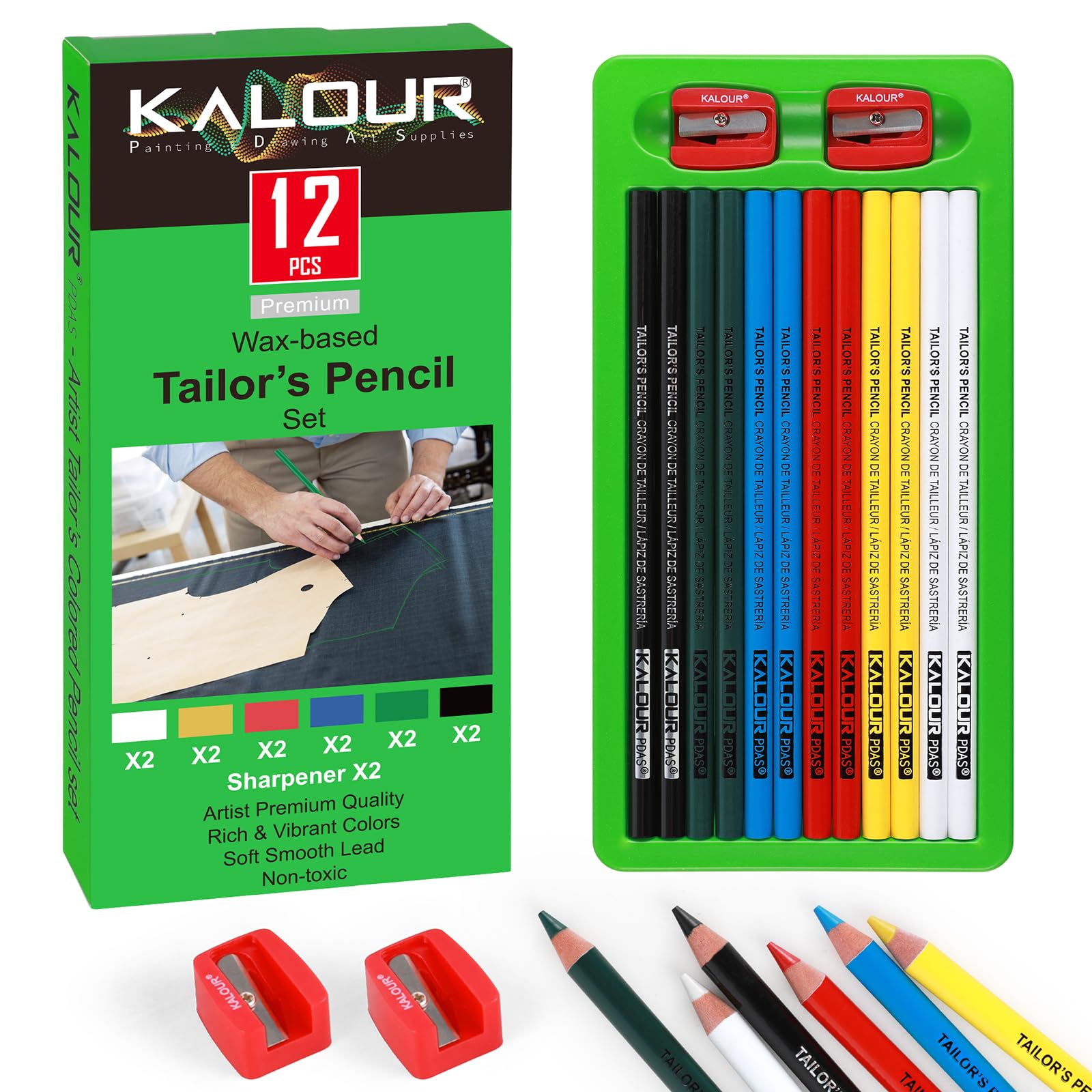 12 PCS Tailors Pencil Set, Sewing Fabric Pencils and Fabric Marker Pens for Quilting, Sewing, Dressmaking Supplies, Water-Soluble, 6 Colors, Includes 2 Sharpeners