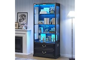 TAGELIER 67" Tall Display Cabinet with Glass Doors and 2 Drawers, Adjustable Glass Height Bookcase, Curio Cabinet with 3 LED Lights and Human Body Sensor (Black)