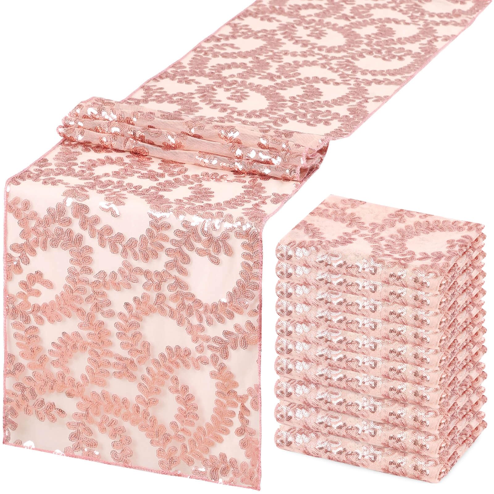 Photo 1 of 10 Packs 12x108 Inch Sequin Table Runner Rose Gold Flower Table Runners Glitter Table Runners for Banquet Wedding Table Decoration Sparkly Table Overlay