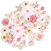 WQLLWFC 48 PCS Pink Flower Cake Decorations Artificial Flower Heads DIY Mini Fake Rose Daisy Multicolor Flower, Suitable for Wedding, Valentine's Day, Wedding Party, Girls Birthday