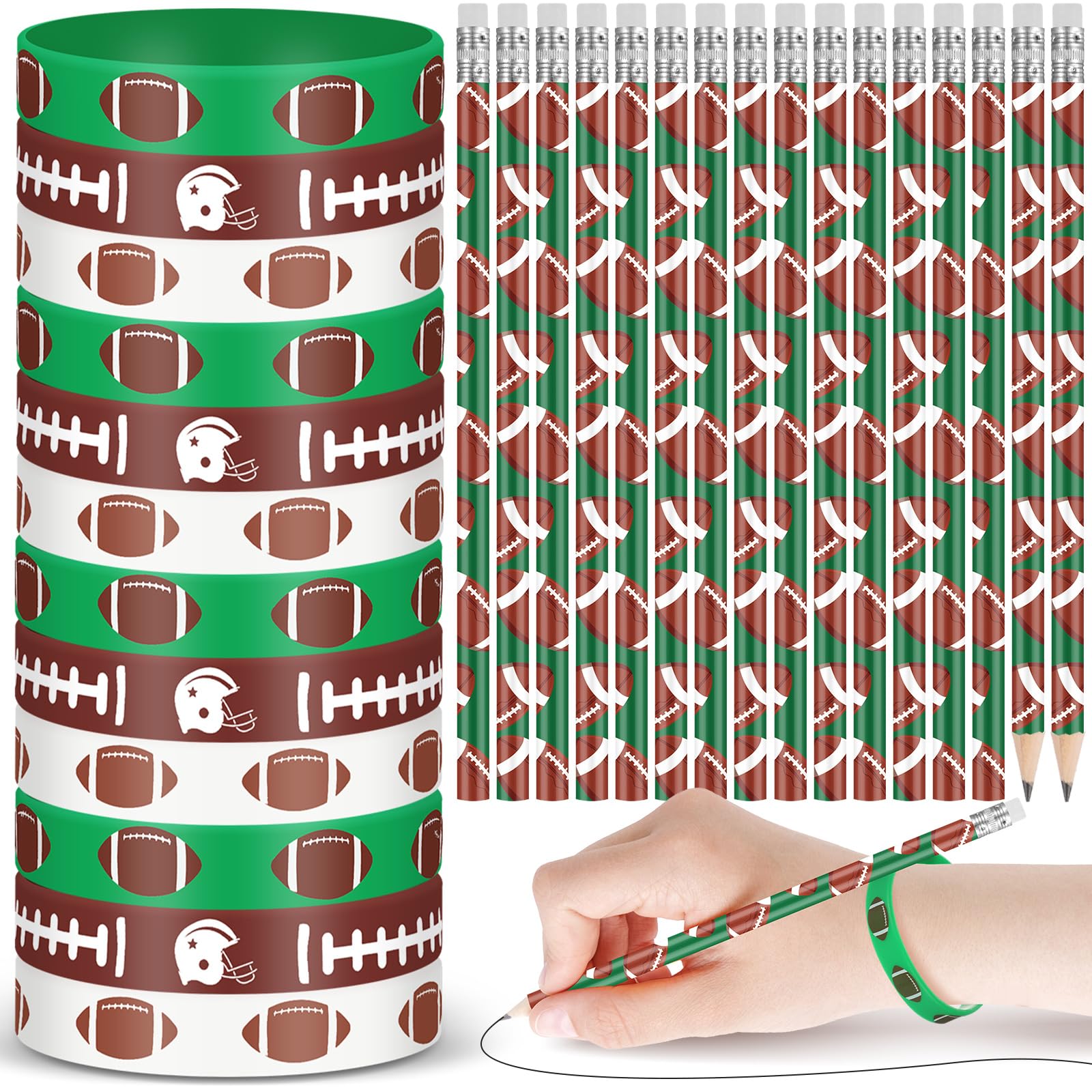 Photo 1 of Sabary 48 Pcs Sports Pencils Silicone Bracelets Set Soccer Football Basketball Baseball Wooden Pencil Rubber Wristbands for Birthday Gifts Sports Party Favors(Football)