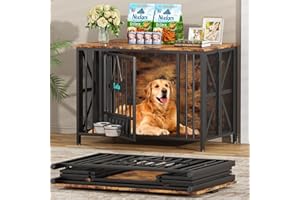 Easycom Foldable Large Dog Crate Furniture, 41.3" Assembly-Free Dog Crates for Large Dogs, Wooden Dog Kennel Indoor with Tag & Dog Bowls, Dog Cage Use as TV Stand, Rustic Brown