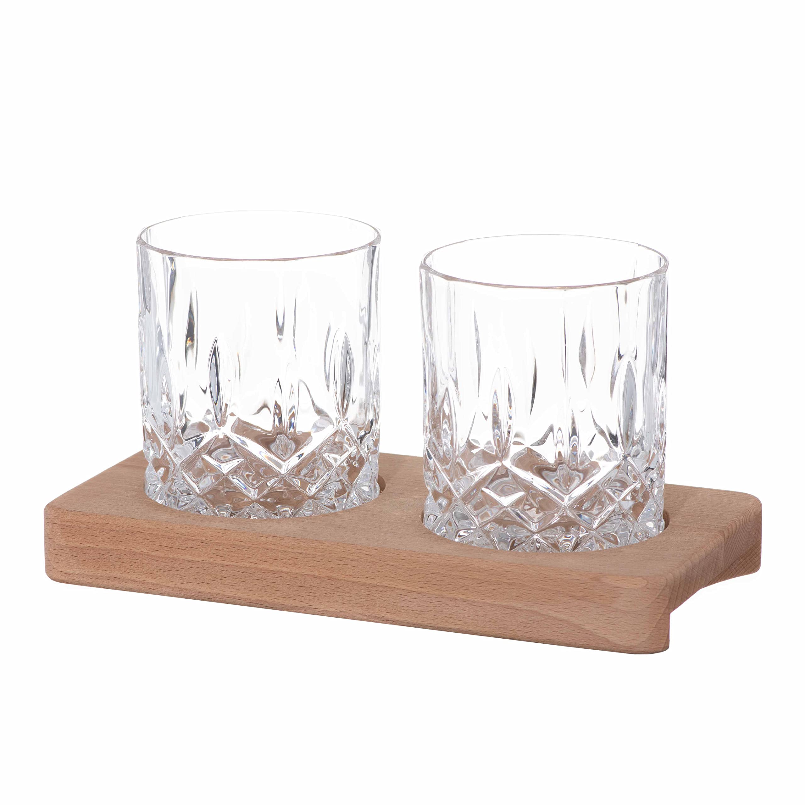 DIAMANTE Dorchester Whisky Tumblers with Tray - Premium Lead Free Crystal - Set of 2 with Wooden Serving Tray