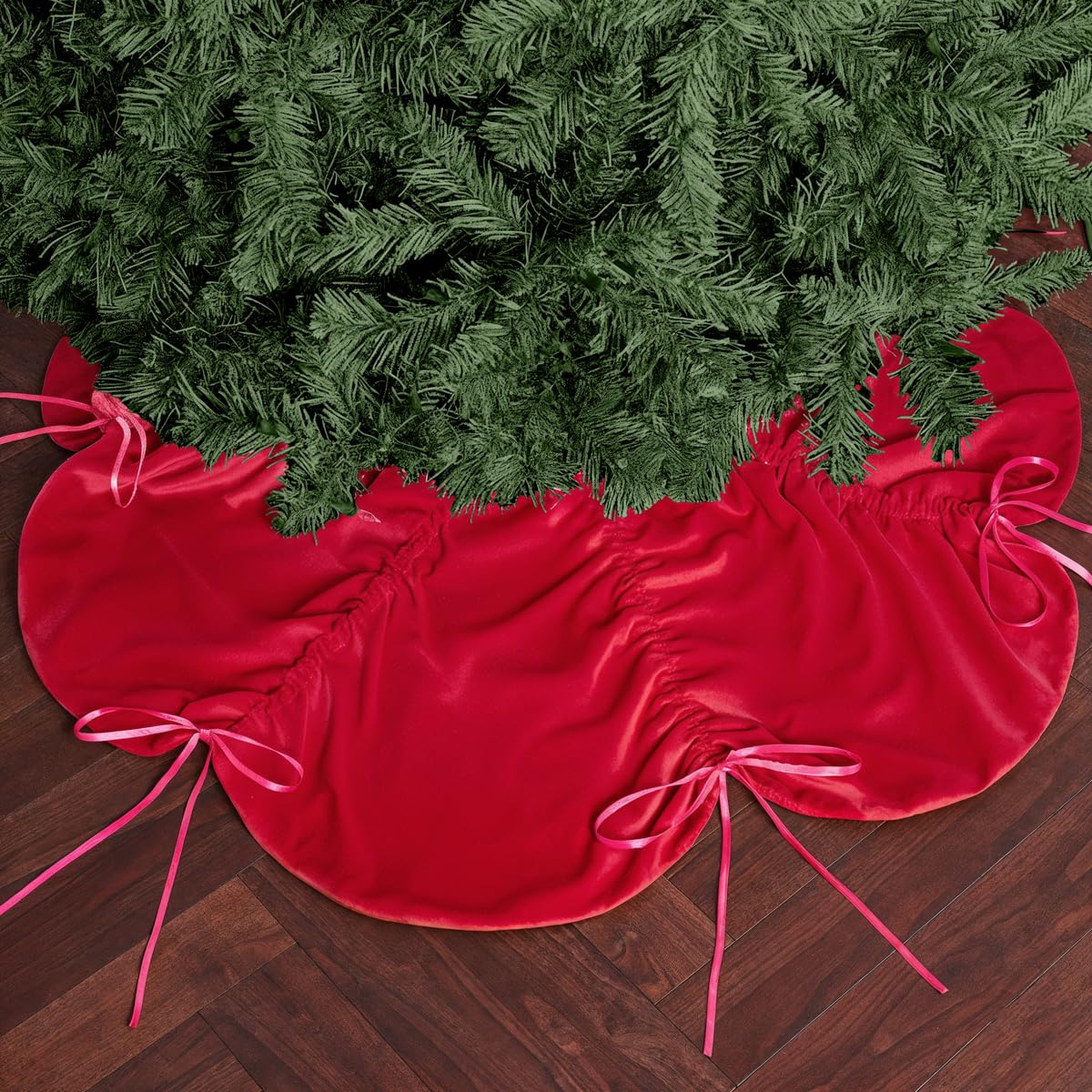 Photo 1 of xo, Fetti Red Velvet Christmas Tree Skirt | 41" | Pinkmas Holiday Decorations, Merry Xmas Party Accessory, Girly Tree Stand Collar Blanket, Ruching Details