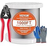 VEVOR 1/8 Stainless Steel Cable, 1000 FT 316 Cable Railing Kit with Cutter and Gloves, 1600 lbs Breaking Strength, 7x7 Strands Marine Aircraft Cable for Handrail Stair Decking Fence Outdoors