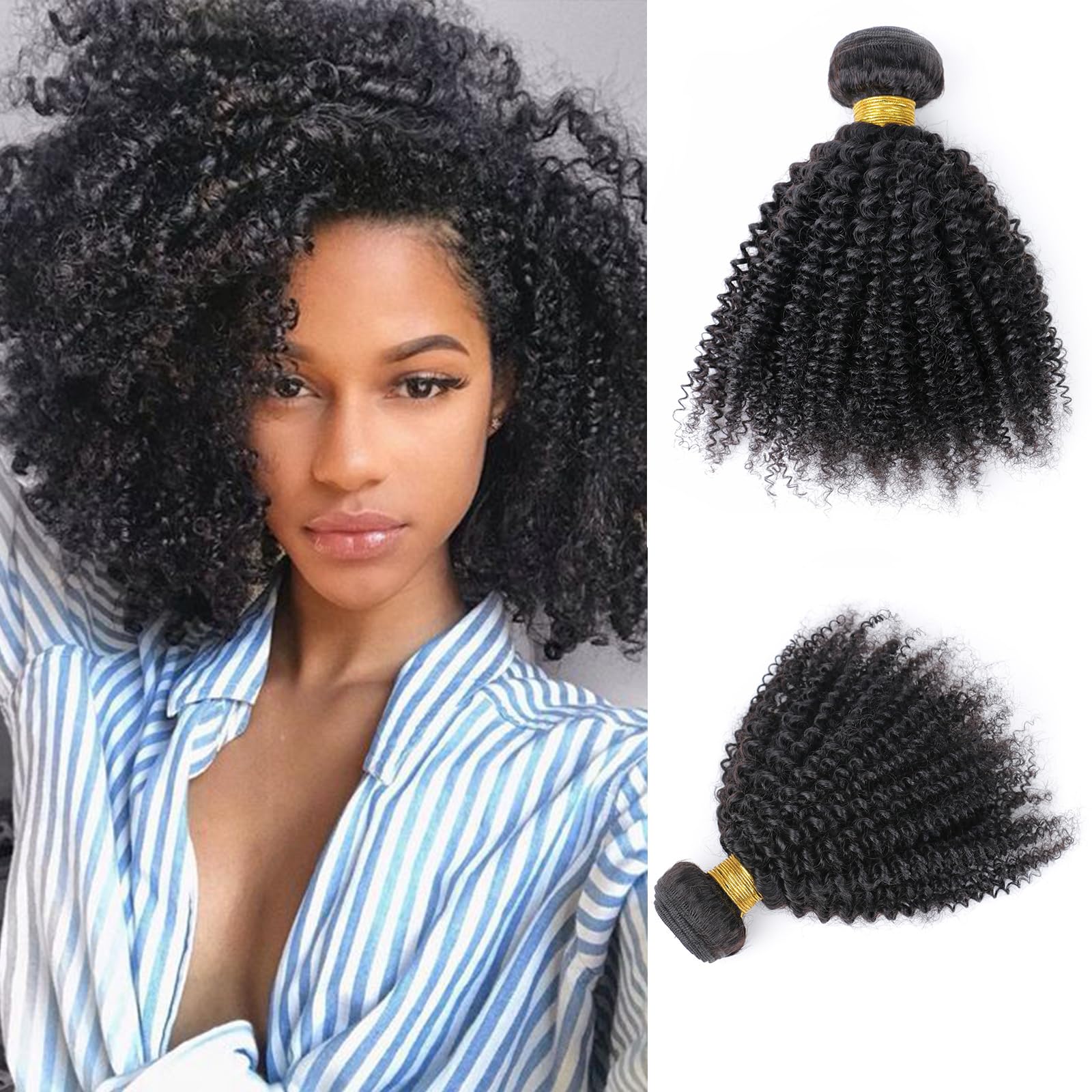 DaiMer Human Hair Bundles for Black Women Mongolian Afro Kinky Curly Human Hair Extension Single Bundle Unprocessed Hair Weave Double Weft Big Hair Natural Color 10 inch — image 1