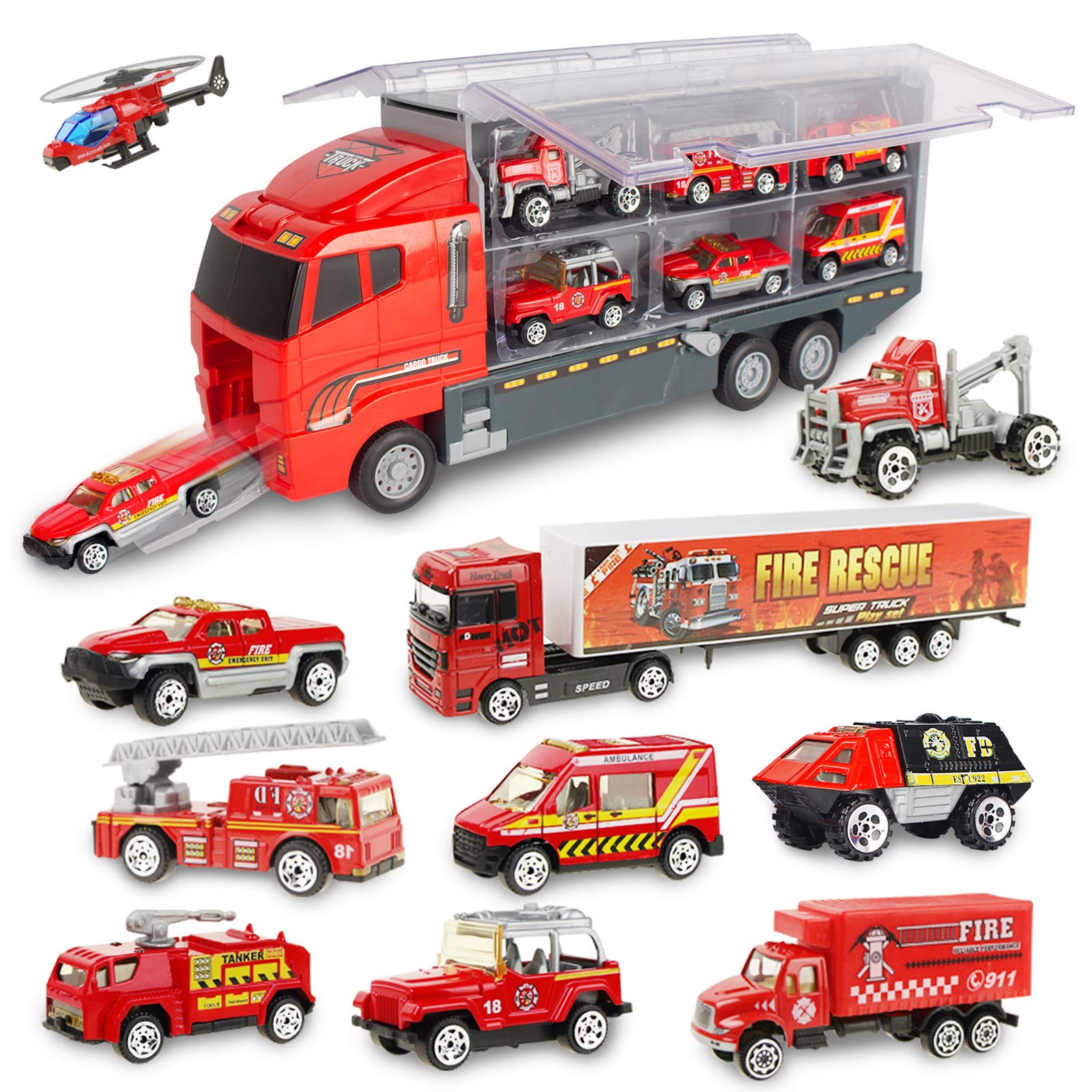 jenilily Fire Engine Toys Car Truck Mini Emergency Rescue Vehicles Firetruck Models in Big Truck for Kids Boys 3 4 5 Years Old