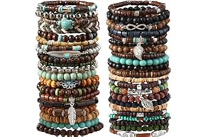 SONNYX 43Pcs Punk Wooden Beads Bracelets Gothic Bracelet for Men Adjustable Vintage Beaded Bracelet Metal Set Wood Bangles Wristbands Commemorative Gift