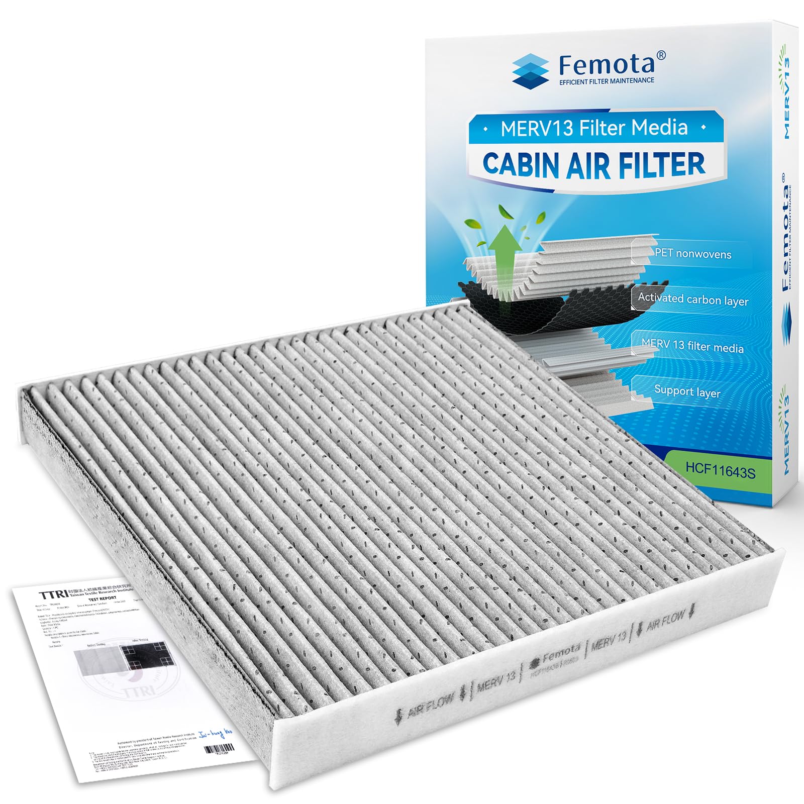 Photo 1 of Femota Certified MERV 13 Cabin Air Filter with Activated Carbon, CF11643 for Audi A3, A3 Quattro, Q3, S3, TT Quattro, Volkswagen Jetta, Golf, Tiguan, Atlas, GTI