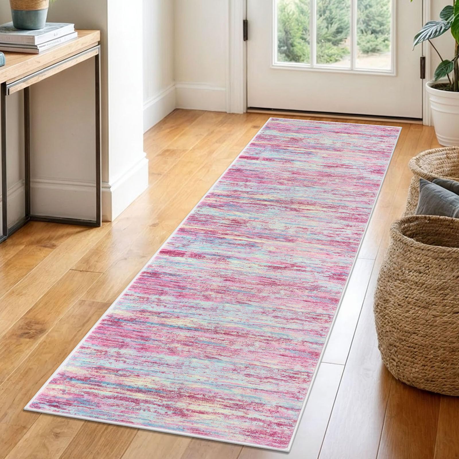 SIILOOM 2x6 Modern Abstract Runner Rug for Hallways, Pink Colorful Super Soft Hallway Decor Kitchen Rugs with Non-Slip, Non-Shedding Washable Rug for Entryway Bedroom Indoor Image