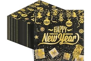 EVYIENEN 50Pcs New Year Napkins,Happy New Black Gold Foil Firework Disposable Guest Hand Towel Year Napkins Eve Party Supplies for 2026 Party Decorations