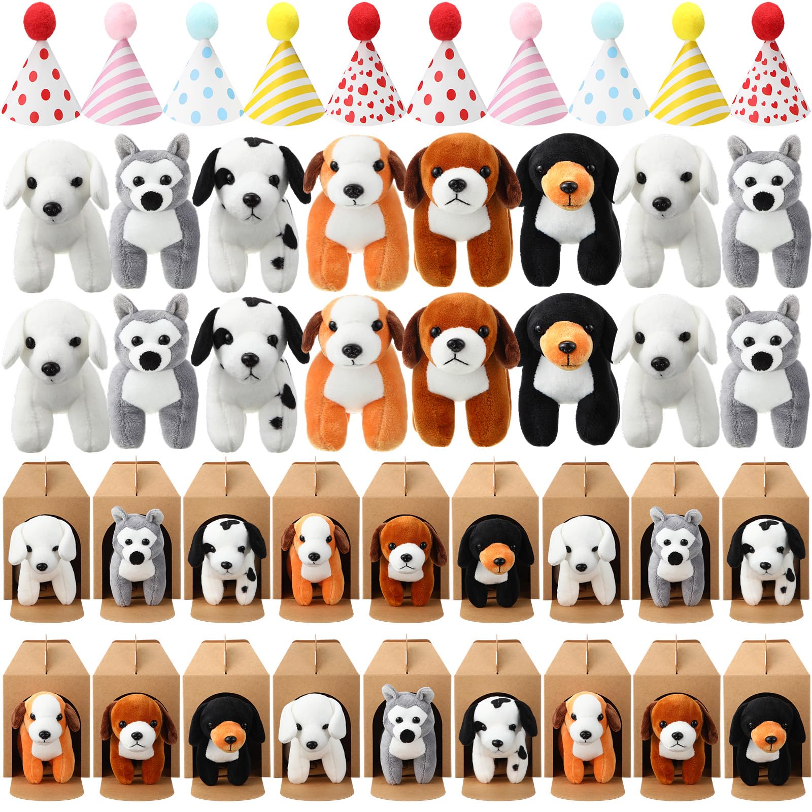 Photo 1 of Motionchic 20 Pcs Mini Plush Toy Stuffed Animals Stuffed dogs Set with 20 Birthday Hats 20 Kraft Paper Boxes Adopt Pet Gift for Animal Theme Birthday Party (Lovely)