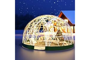MAPONEEN 12FT Garden Dome lgloo, Geodesic Dome Greenhouse with PVC Clear Cover, Waterproof Garden Bubble Dome Tent House with 2 x 10M Light Strings for Outdoor, Patio, Backyard, Party (Green, 15FT/4.6M)