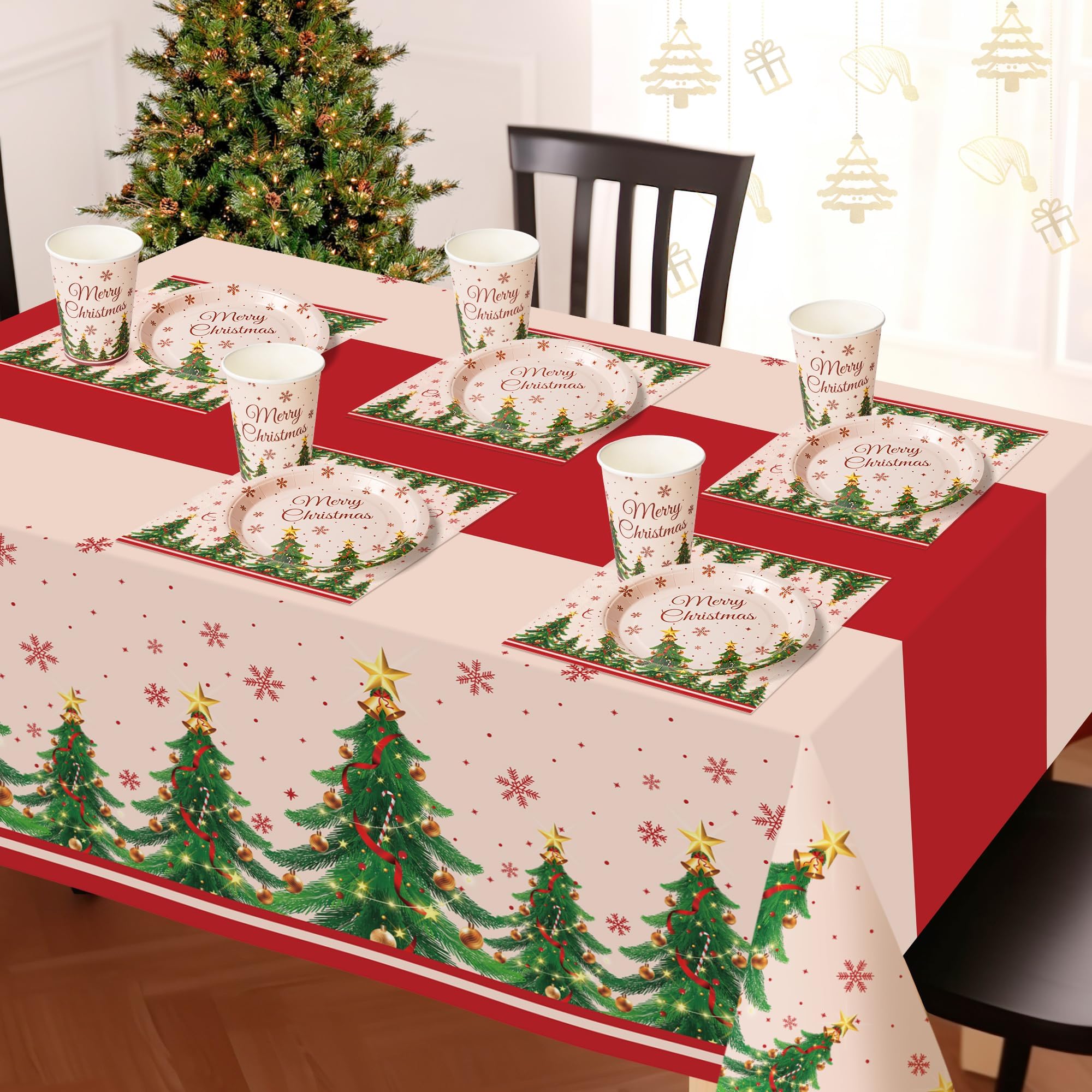 Childom Christmas Party Supplies,102 Pcs Xmas Tree Themed Party Set,Christmas Decoration Dinnerware Set,Disposable Tablecloths Plates Cups Napkins Xmas Tableware For Home,Dinner,Picnic,Holiday,Parties