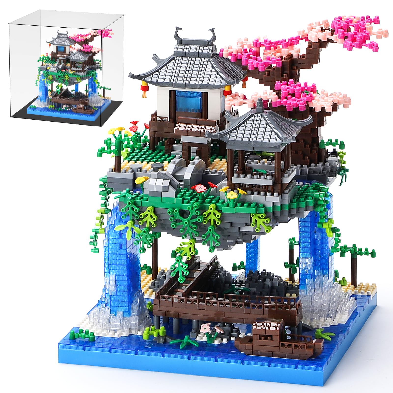 Photo 1 of CAXIMSY Cherry Blossom Bonsai Tree Building Block Sets with Acrylic Display Box Chinese Architecture of Peach Blossom Micro Mini Building Set Toy Gift for Kids Adults?3320 Pieces?