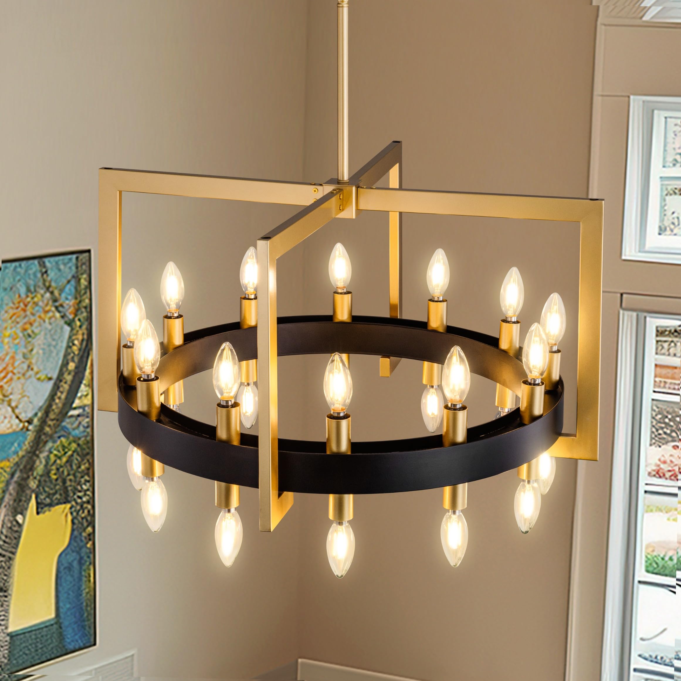 wellmet modern black brass pendant light, 24-light drum-square chandelier, brass gold industrial cha