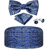 JUNMEISI Paisley Cummerbund and Bow Tie Set Adjustable Formal Men's Cumberbund Tuxedo Bowtie Cufflinks Set & Pocket Squares