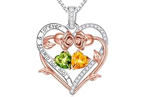 Iefil Rose Heart Double Birthstone Necklace Gifts for Wife Girlfriend Her Women, Birthstone Jewelry Gemstone Valentines Day Birthday Gifts for Mom Grandma Her Wife Women