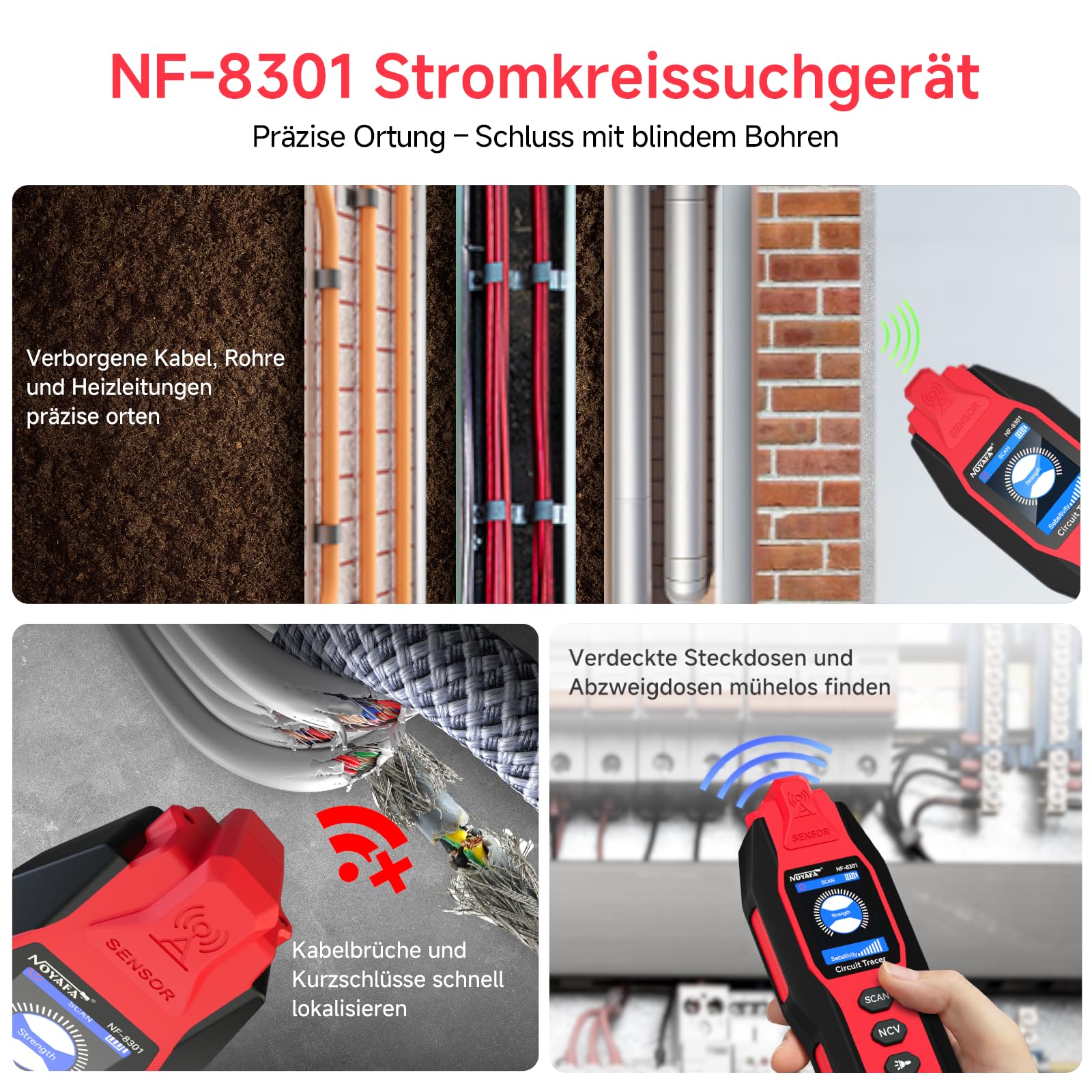 NOYAFA NF-8301 Kabelsuchgerät & Leitungssucher mit Digitalmultimeter, Unterirdischer Kabeldetektor, 8 Stufige Empfindlichkeit, Circuit Tracer für Wand, Sicherungs & Bewässerungskabel 2