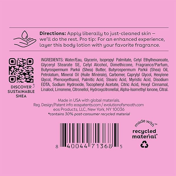 EOS SHEA BETTER BODY LOTION- POMEGRANATE RASPBERRY, 24-HOUR MOISTURE SKIN CARE, LIGHTWEIGHT & NON-GREASY, MADE WITH NATURAL SHEA, VEGAN, 16 FL OZ