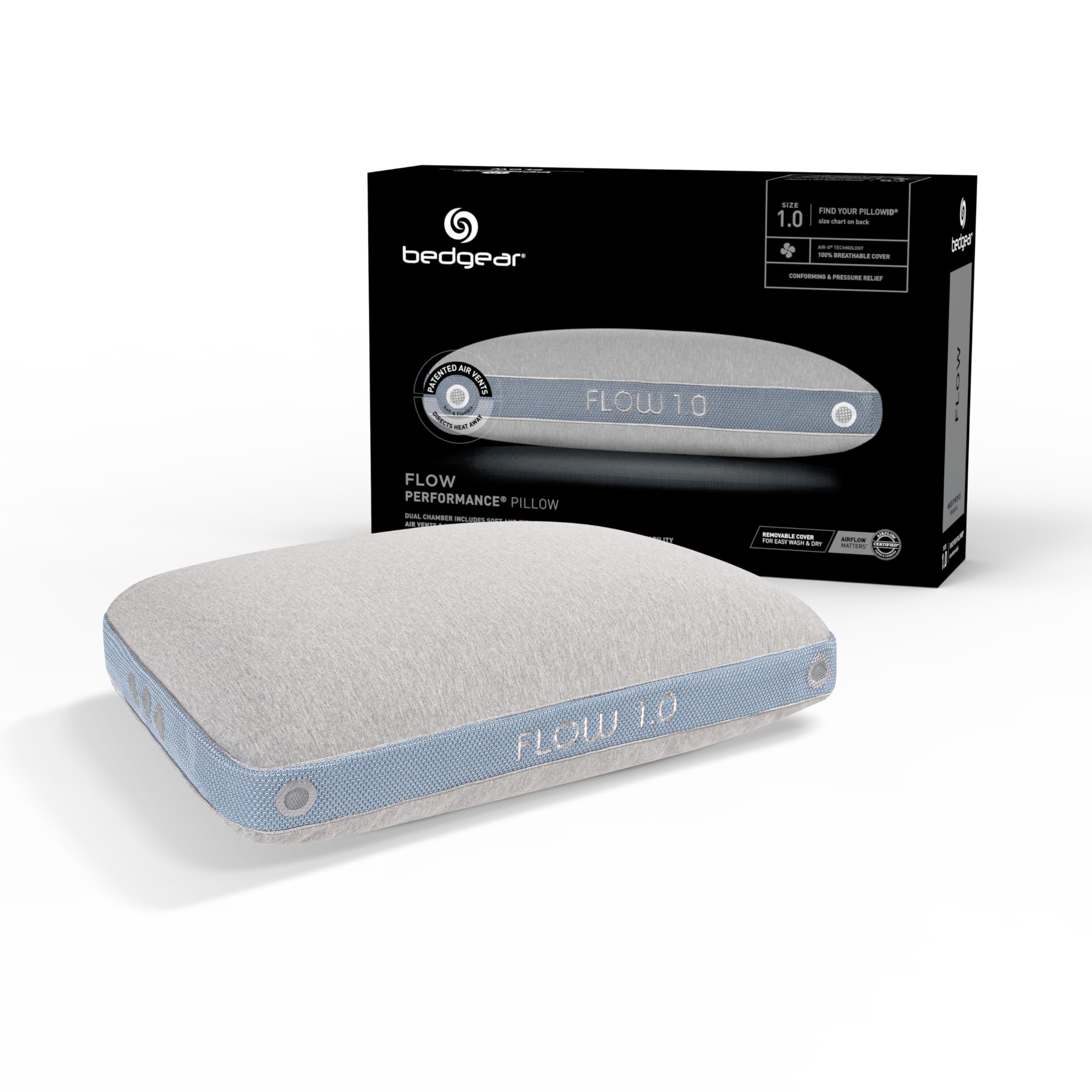 Photo 1 of Bedgear Flow Performance Pillow - Size 1.0 - Hybrid Design Firmness Bed Pillows for All Sleep Positions - Maximum Breathability - Washable Cover - 20" W x 26" L x 5.25" H