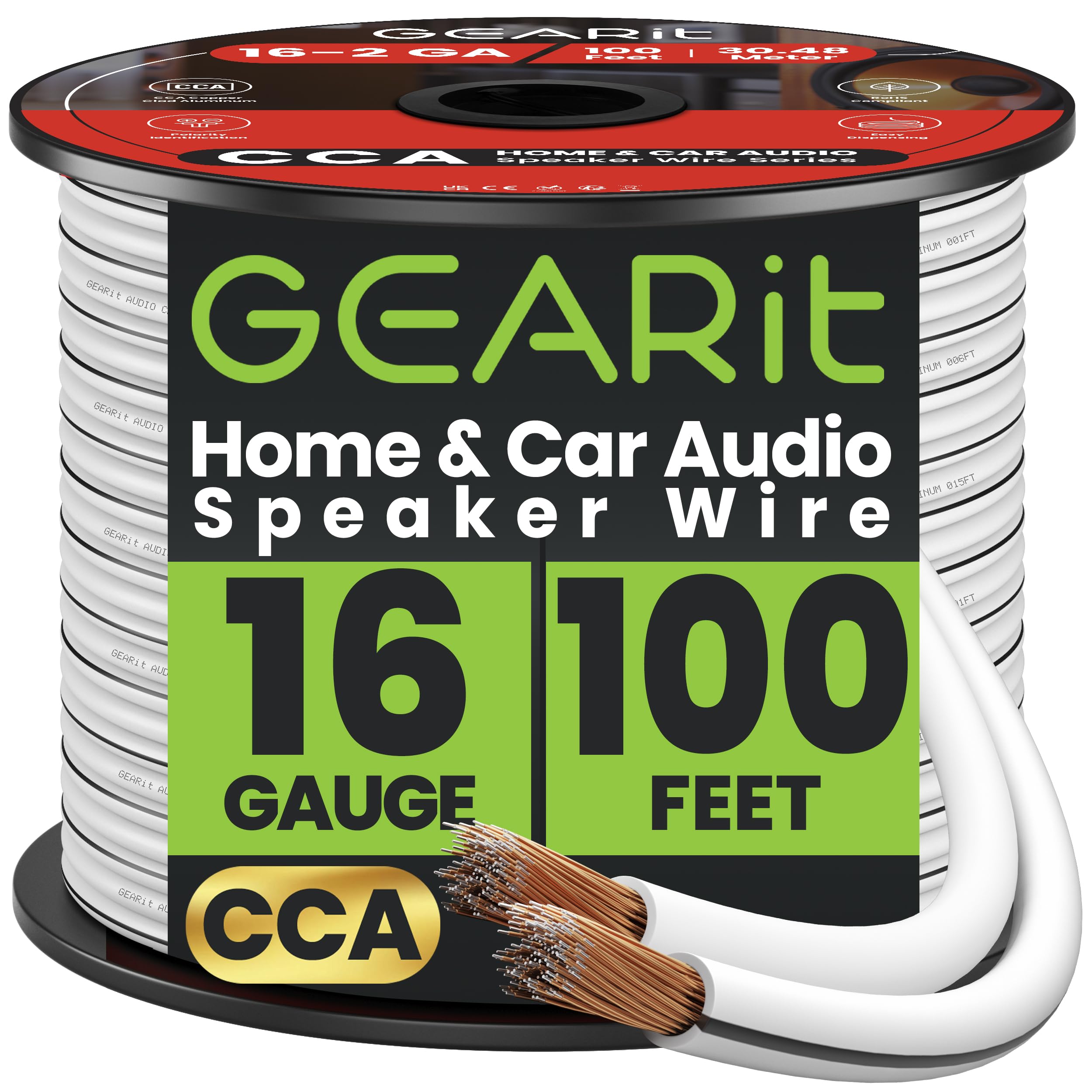 GearIT Speaker Wire Audio Cable CCA 2x1.5mm≤ (30.48 Meters - White) Copper Clad Aluminum - Great for Hi-Fi Home Theater and Car Speakers - 16 Gauge AWG, 100 Feet