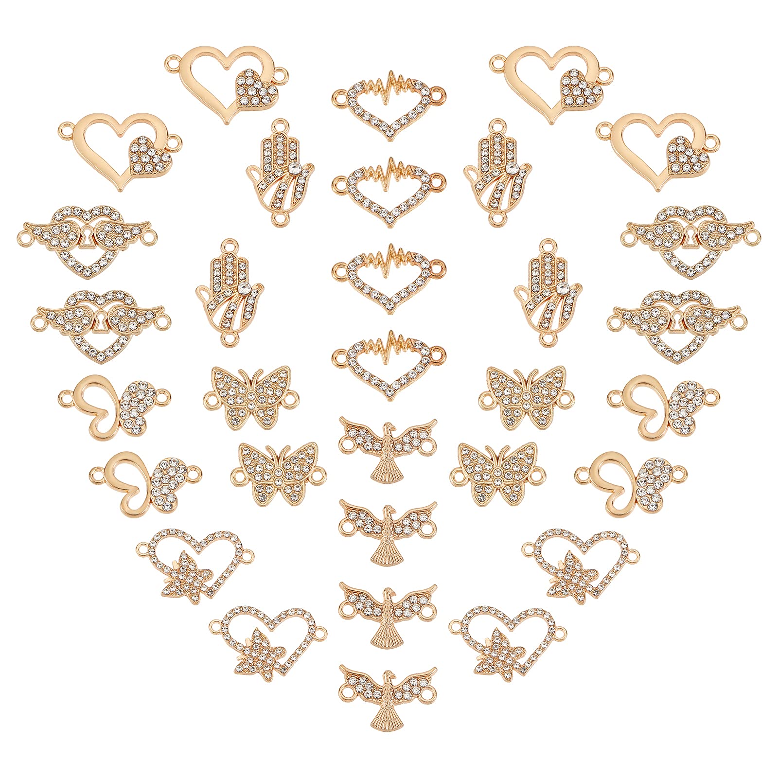 SUNNYCLUE 1 Box 32Pcs 8 Styles Alloy Rhinestone Links Connectors Butterfly Heart Charms Bird Hams a Pendants Jewellery Findings with Double Loop for DIY Necklace Bracelet Jewellery Making — image 1