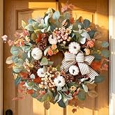 WANNA-CUL 24 Inch Farmhouse Fall Wreath for Front Door with White Pumpkin | Rustic Autumn Harvest Thanksgiving Wreath With Striped Bow Pinecones,Berries Eucalyptus and Lamb's Ear,Indoor Outdoor Decor.