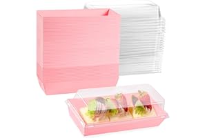 Leafiew 50 Pack 7.5x3.3 Inches Small Clear Treat Boxes-Dessert Boxes To Go-Disposable Paper Mini Containers for Cookie, Cake Slice, Charcuterie, Bakery, Pastry, Strawberry, Baked Goods Packaging(Pink)