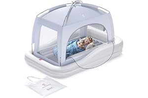 QPAU Inflatable Toddler Travel Bed with Tent, Portable Kids Air Mattress with Safety Bumpers, Ideal for Home, Grandma's, Camping, Traveling -Includes Fast Electric Pump