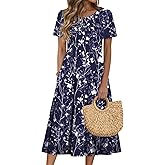 Zeagoo Womens Casual Dresses for Summer Short Sleeve Flare Midi Dress Loose Beach Sundress Pleated Front Dress with Pockets