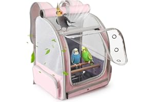 HALINFER Parrot Carrier Backpack with Front Zipper Opening, Bird Travel Carrier Cage with Standing Perches and Metal Tray, Breathable Portable Transport Bag for Parakeet, Budgie, Conure, Cockatiel, Parrot