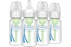Dr. Brown's Natural Flow Anti-Colic Options+ Narrow Baby Bottle, 4 oz/120 mL, with Level 1 Slow Flow Nipple, 0m+, 4 Bottles