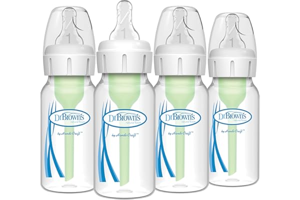 Dr. Brown's Natural Flow Anti-Colic Options+ Narrow Baby Bottle, 4 oz/120 mL, with Level 1 Slow Flow Nipple, 0m+, 4 Bottles