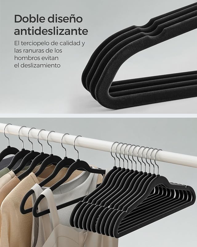 Percha de Terciopelo, Juego de 20, Antideslizantes, con Barra Corbata y Gancho Negro, 0,6 cm Espesor, Ahorra Espacio, 41,5 cm Largo, Abrigo Pantalón, Negro Tinta y Plata CRF026B20