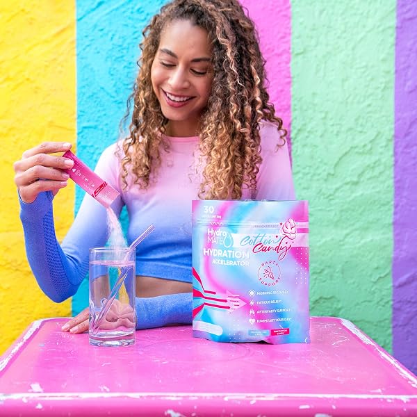 HYDROMATE ELECTROLYTES POWDER DRINK MIX PACKETS HYDRATION ACCELERATOR LOW SUGAR LOW CALORIE RAPID PARTY RELIEF RECOVERY PLUS VITAMIN C COTTON CANDY FLAVOR 16 STICKS
