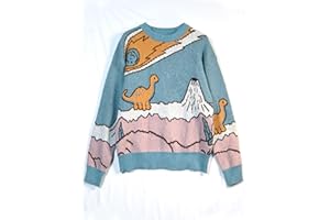 Men's Autumn Winter Crewneck Sweater, Thick Fluffy, Cartoon Dinosaur Volcano Sun Jacquard, Loose Fit Unisex M4080A