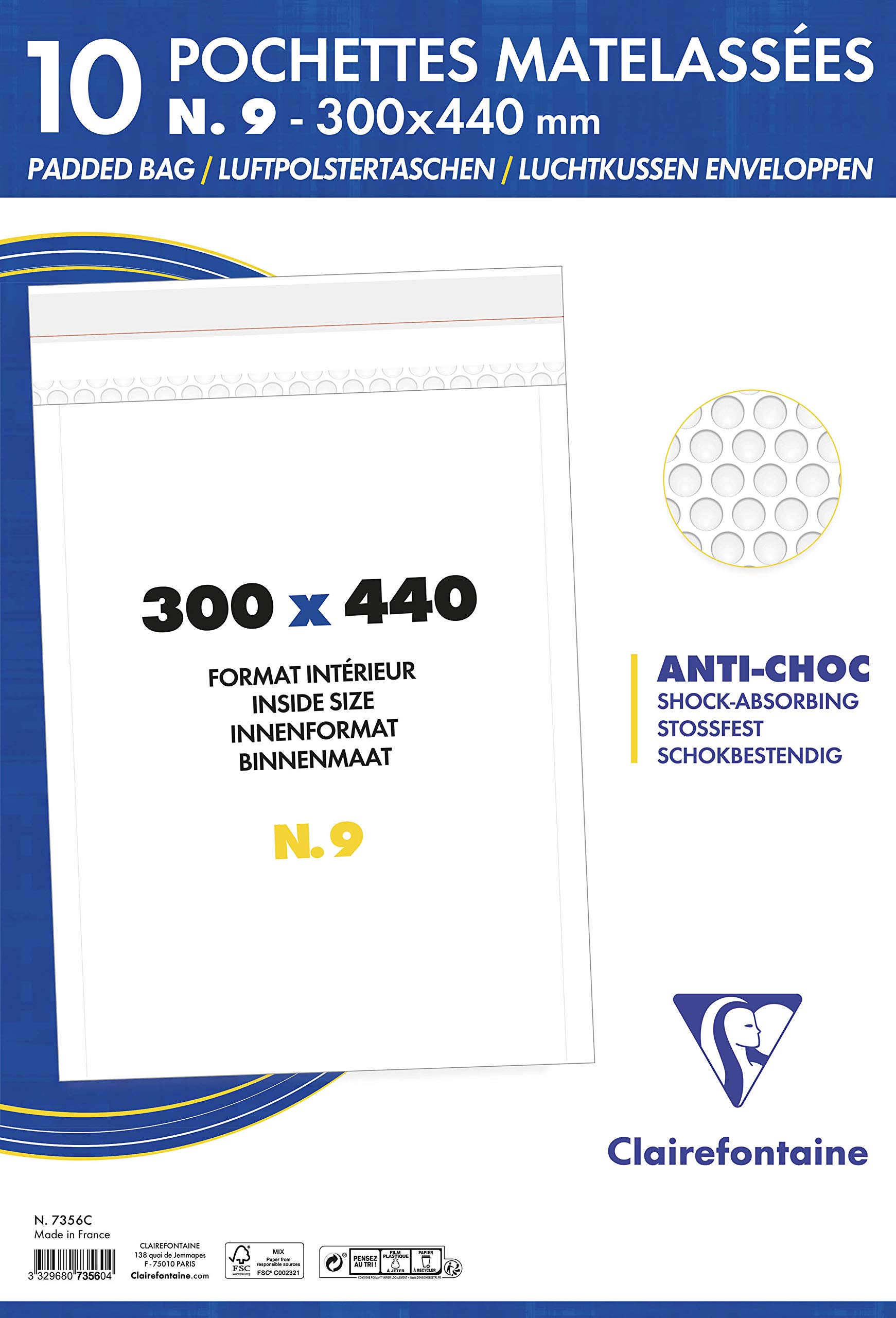 Clairefontaine 7356C - Pack of 10 Padded Envelopes - Lined with Bubble Wrap - Size: 300x440 mm - 90g/m² - White Colour - Mailing - Manufactured in France