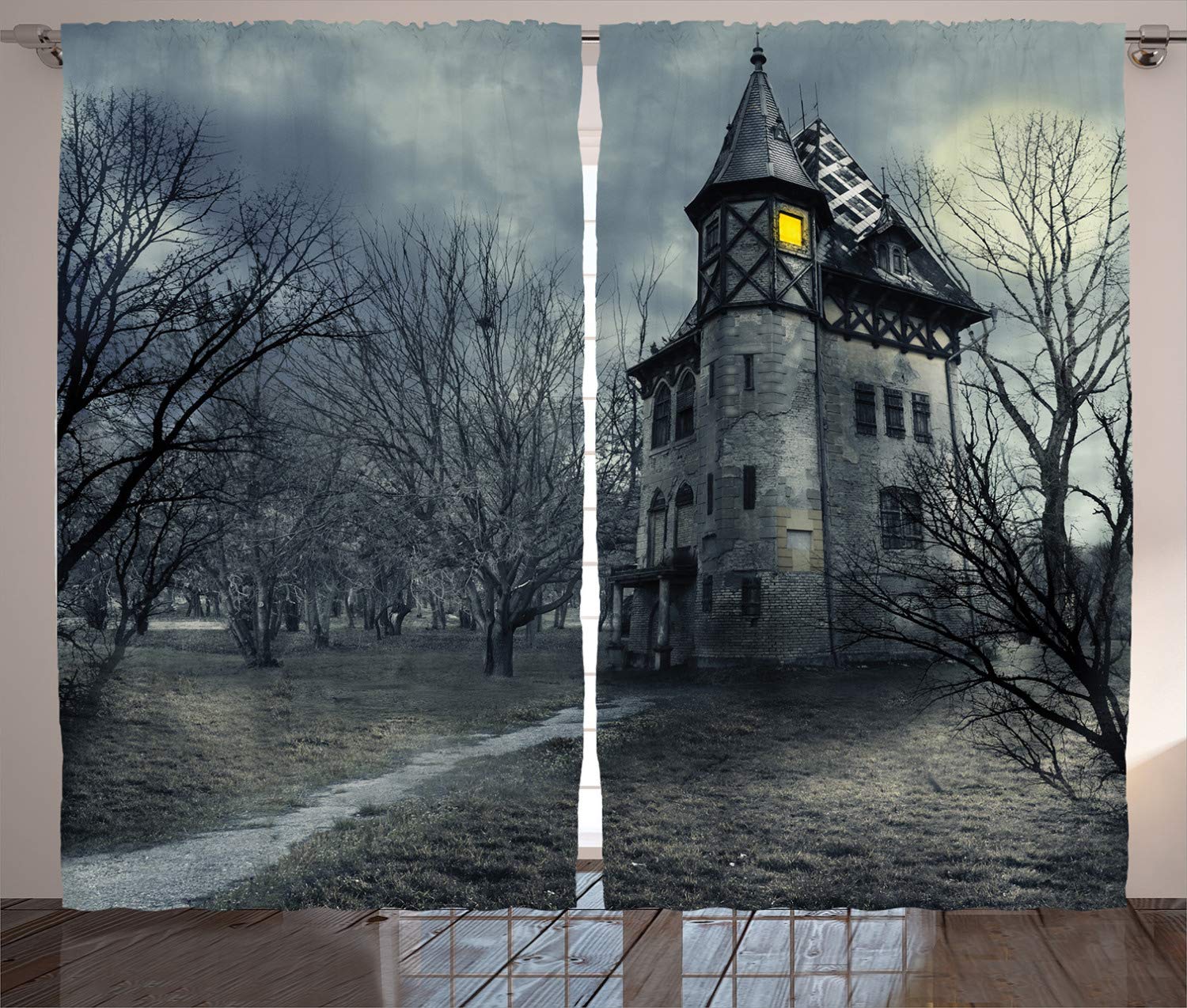 ABAKUHAUS Halloween Curtains, Halloween Design with Gothic Haunted House Dark Sky and Leafless Trees Spooky Theme, Living Room Bedroom Window Drapes 2 Panel Set, 280 x 245 cm, Teal — image 1