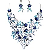 BriLove Wedding Bridal Leaf Cluster Jewelry Set for Women Crystal Flower Enamel Statement Necklace Dangle Earrings