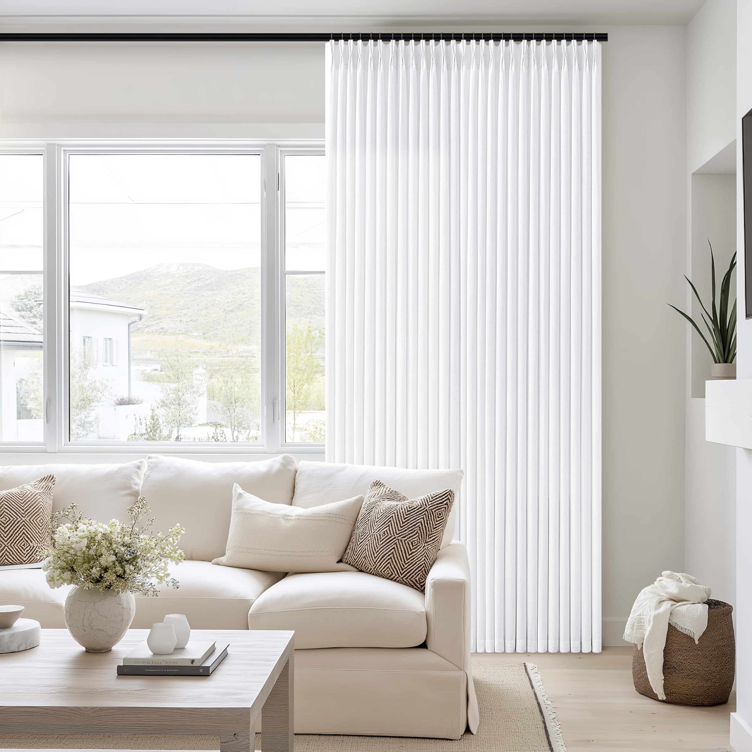Photo 1 of **1 panel **Pinch Pleated White Linen Curtains 102 Inches Long for Living Room 1 Panels Farmhouse Textured Snow White Pinch Pleat Drapes Hooks Back Tab Custom Memory Trained 102 Inch Curtain for Dining Bedroom