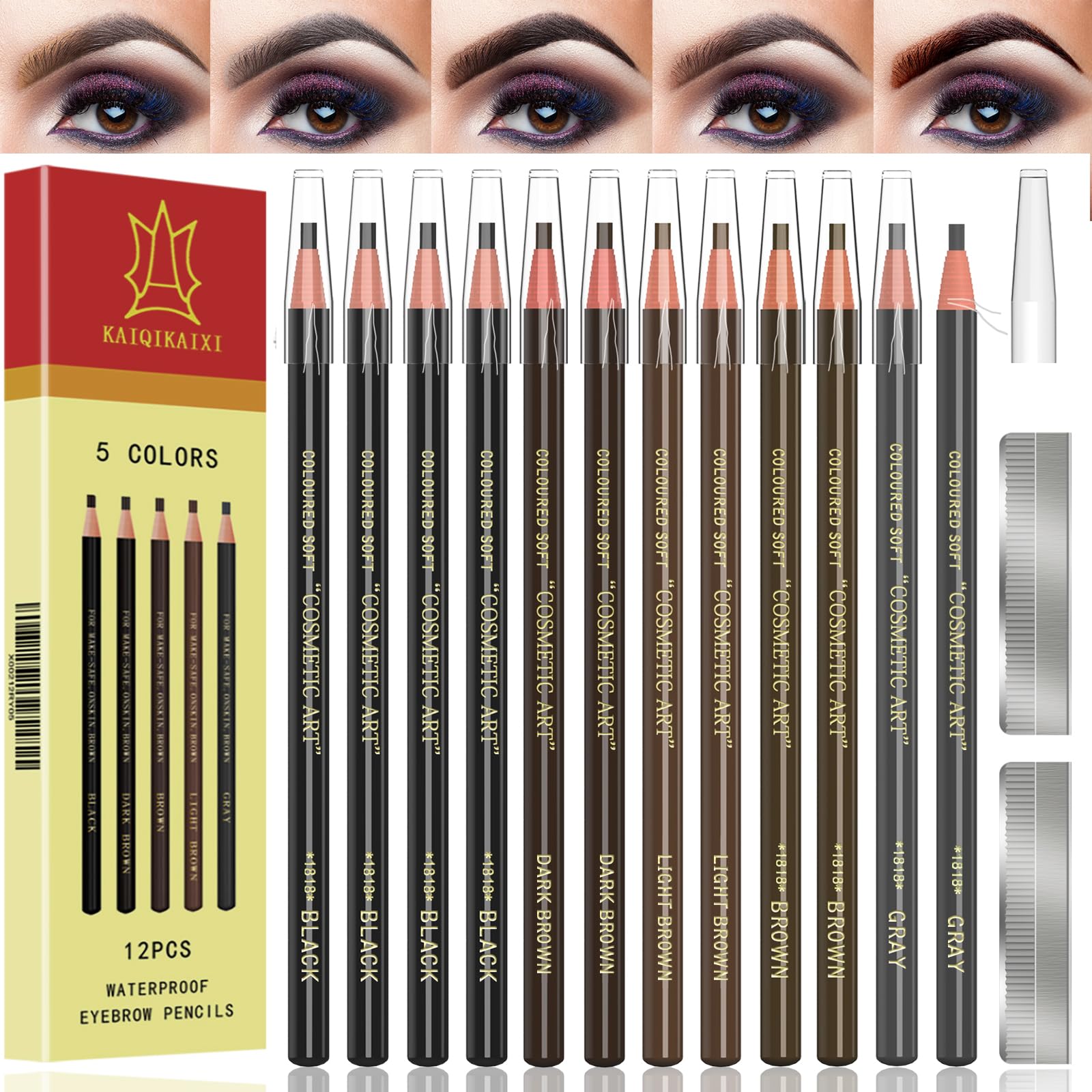 Waterproof Eyebrow Pencils Brow Pencil Set For Marking, Filling And Outlining, Tattoo Makeup And Microblading Supplies Kit-Permanent Eye Brow Liners In, 12Pcs 5Colors(4Black6Brown2Gray）(Multicolor)