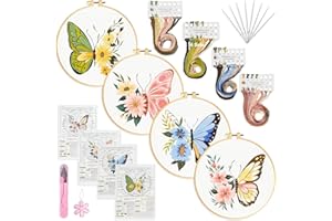 YALINKA 4 Sets Butterfly Flower Pattern Embroidery Starter Kit for Beginners, DIY Cross Stitch Kit for Adult with Instructions, Plants Flowers Clothes Include Embroidery Hoop Thread Needles