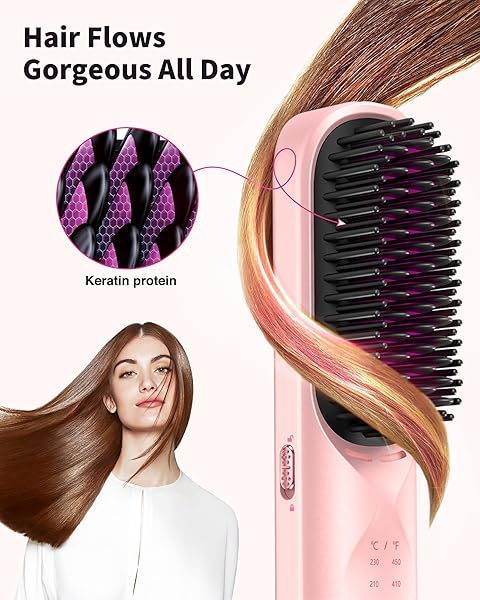 CORDLESS HAIR STRAIGHTENER BRUSH – PORTABLE HAIR STRAIGHTENING BRUSH FOR TRAVEL – 300M NEGATIVE IONS FOR FRIZZ-FREE SHINE, TOUCH UP ON-THE-GO, FAST HEATING, GIFT FOR WOMEN, 10,000MAH, POWDER PINK