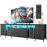 EnHomee 75, 80, 85 Inch TV Stand with 10 Fabric Drawers, 75.5" W Entertainment Center with LED Lights & Power Outlets, TV Stands for Living Room, Bedroom, Black